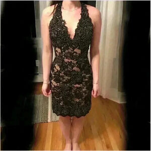 V-Neck Beaded Lace Midi Cocktail Dress